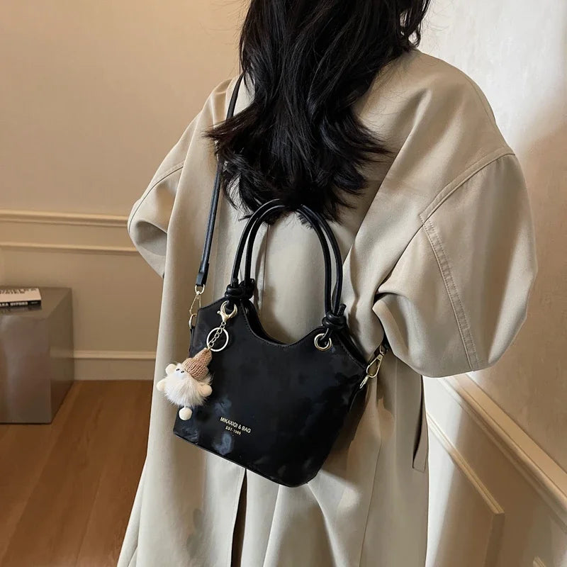 Chic White PU Leather Shoulder Bag with Cute Fur Charm & Top Handles