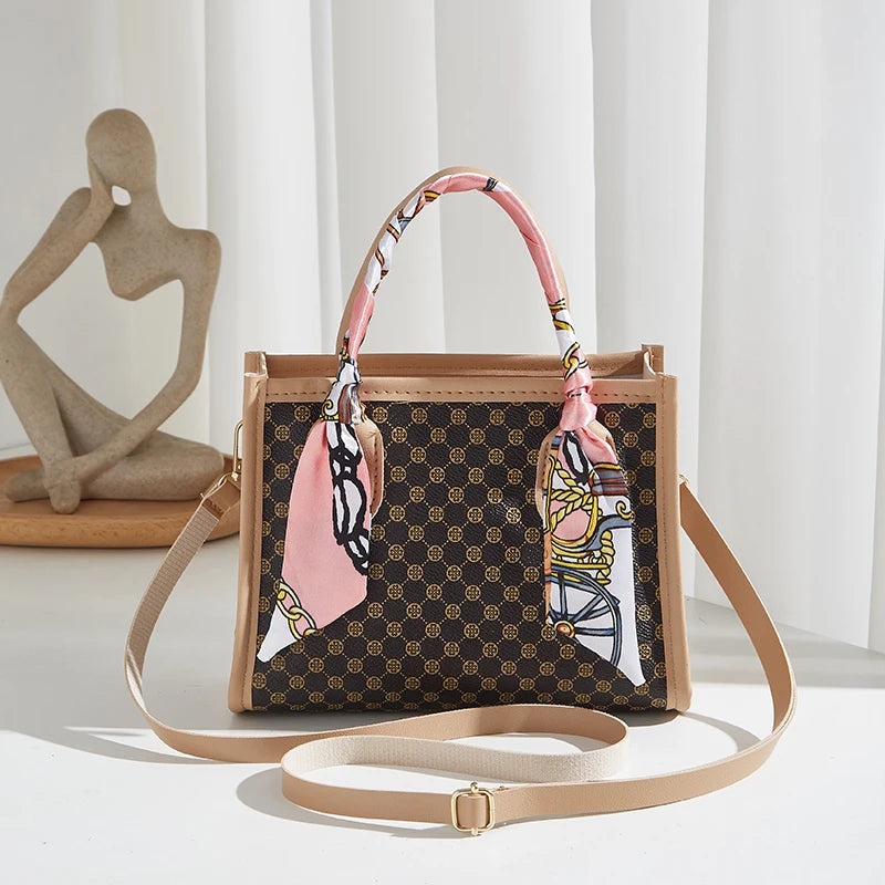 Classic Geometric Print Satchel Handbag with Crossbody Strap and Twilly Scarf