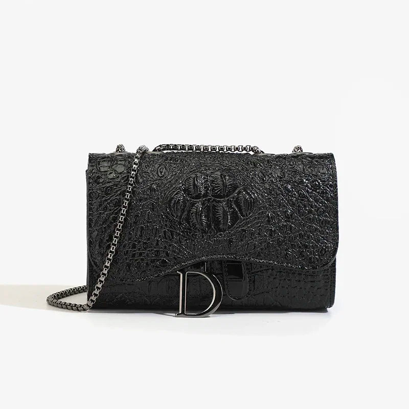 Aura Bags Luxury Crocodile Embossed Flap Shoulder Bag with Metallic Chain