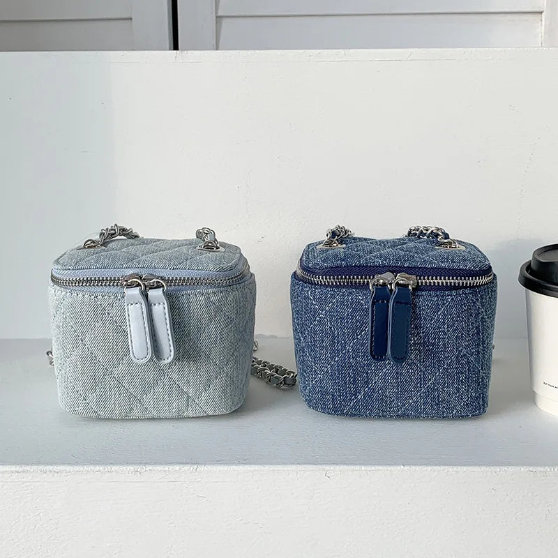 Chic Quilted Denim Mini Vanity Crossbody Bag – Cute Cylindrical Chain Shoulder Bag for Women