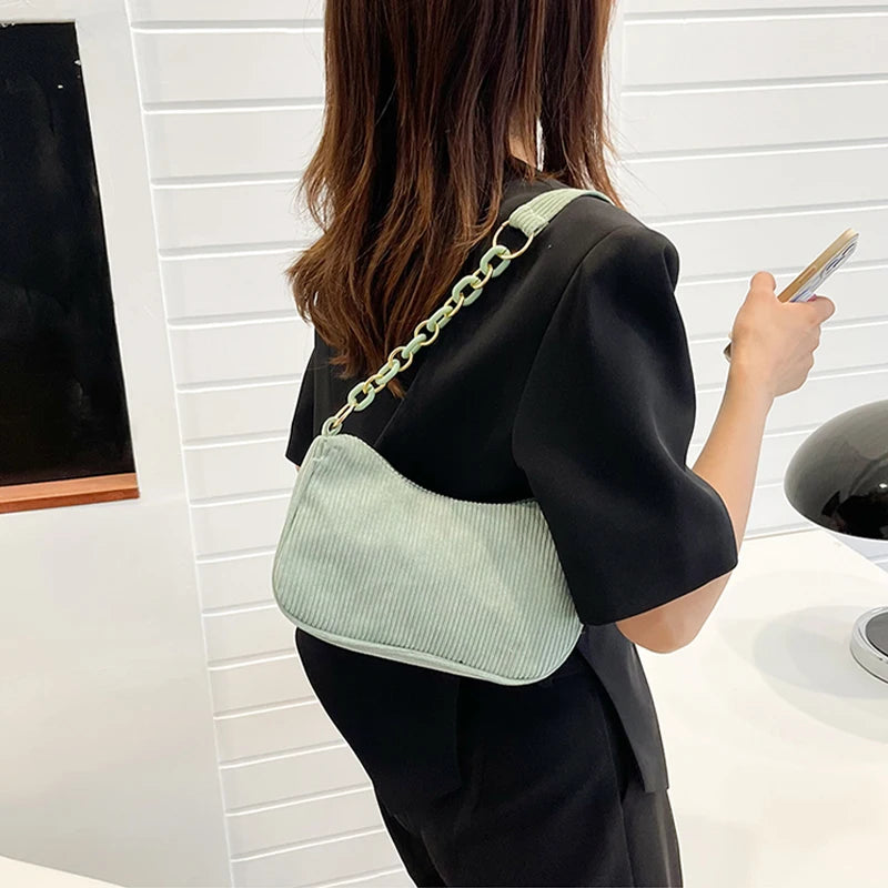 Aesthetic Corduroy Underarm Baguette Bag with Pastel Chain Accent | Soft Girl Y2K Shoulder Purse ✨