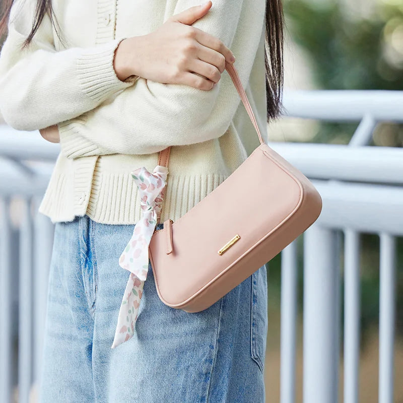 Chic Minimalist Faux Leather Underarm Bag - Elegant Casual Shoulder Handbag with Silk Scarf Accessory