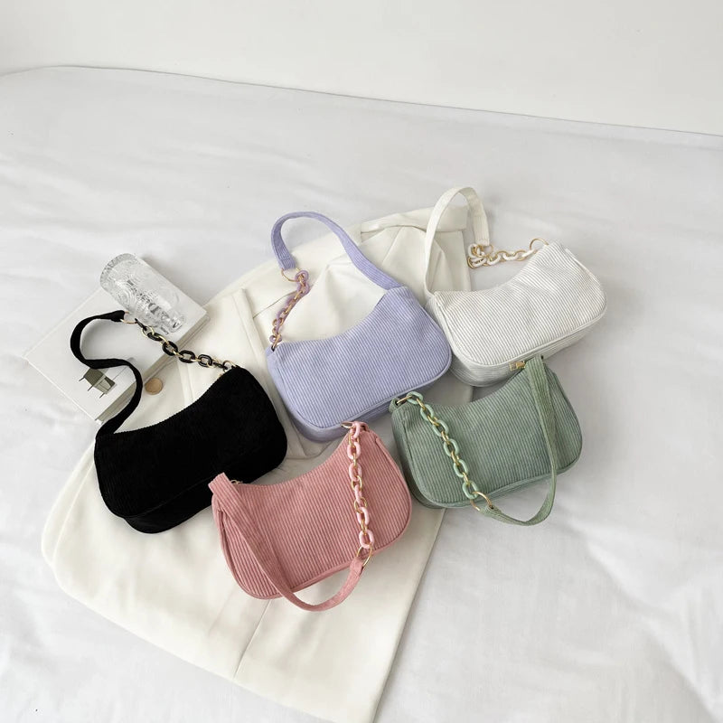Aesthetic Corduroy Underarm Baguette Bag with Pastel Chain Accent | Soft Girl Y2K Shoulder Purse ✨
