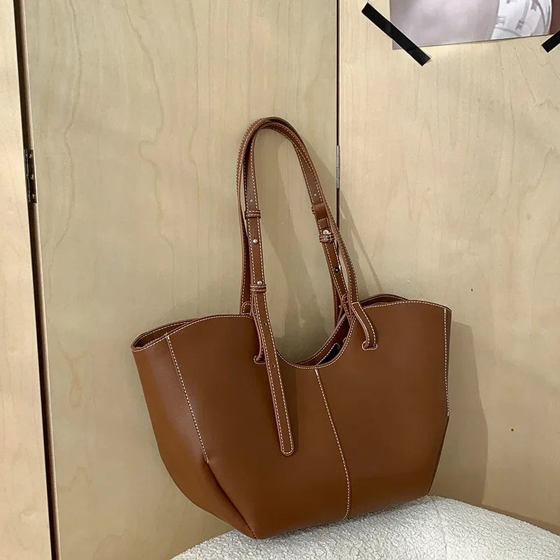 Aesthetic Brown PU Leather Everyday Tote with Contrast Stitching