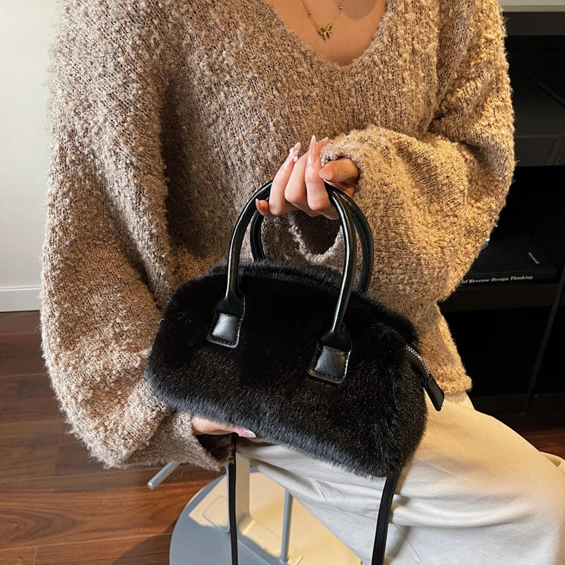 Aura Bags Fluffy Faux Fur Mini Handbag & Crossbody Bag with Top Handles