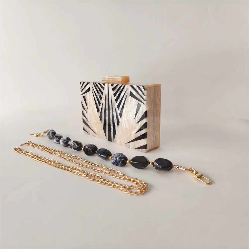 Elegant Marble Pattern Acrylic Box Clutch | Party Wear Handbag with Statement Beads Chain
