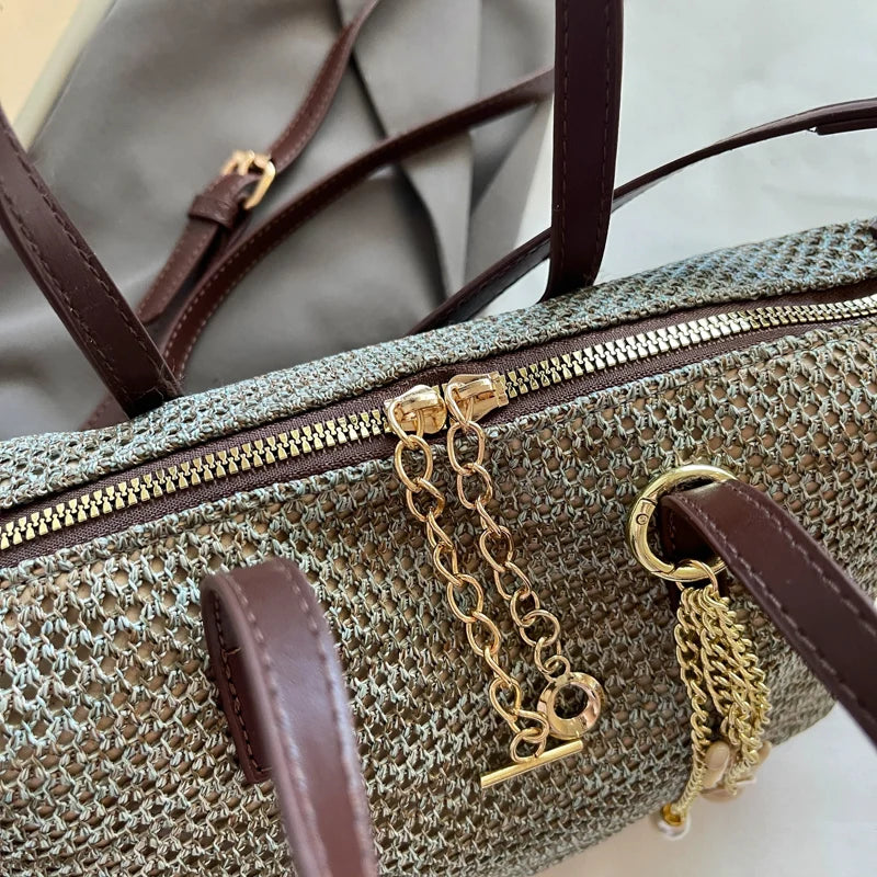 Woven Straw Tote Bag with Brown PU Leather Trim & Gold Chain Charms