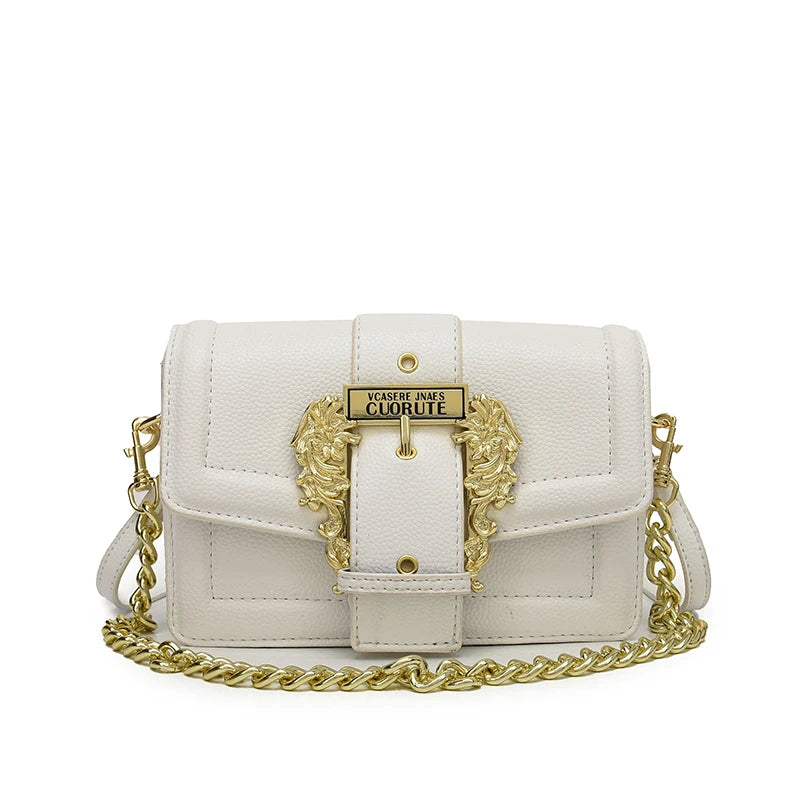 Chic Off-White Flap Shoulder Bag – Elegant Vintage Gold Buckle Satchel