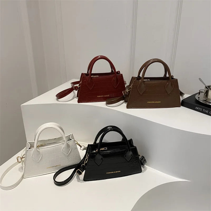 Elegant Retro Crocodile Pattern Top-Handle Satchel with Letter Print