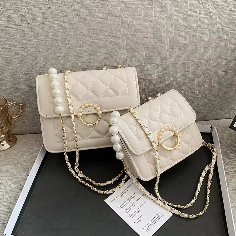 Elegant Quilted Leather Shoulder Bag with Pearl Accent & Chain Strap - Chic Party Crossbody Handbag