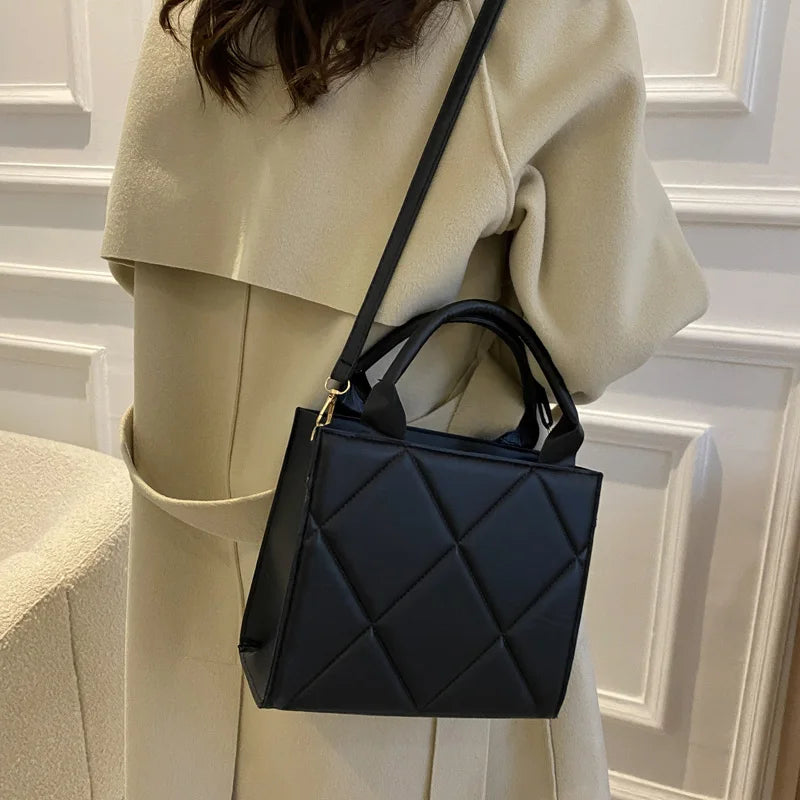 Classic Black Quilted PU Leather Tote Bag – Structured Top Handle Handbag & Crossbody Purse