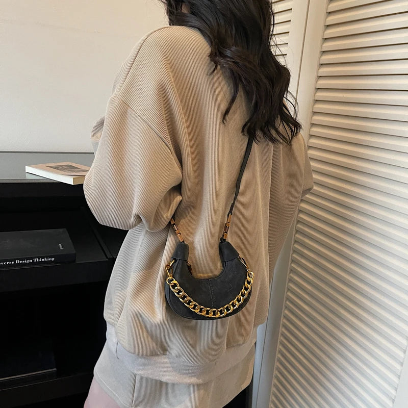 Mini Crescent Dumpling Bag with Chunky Gold Chain Handle