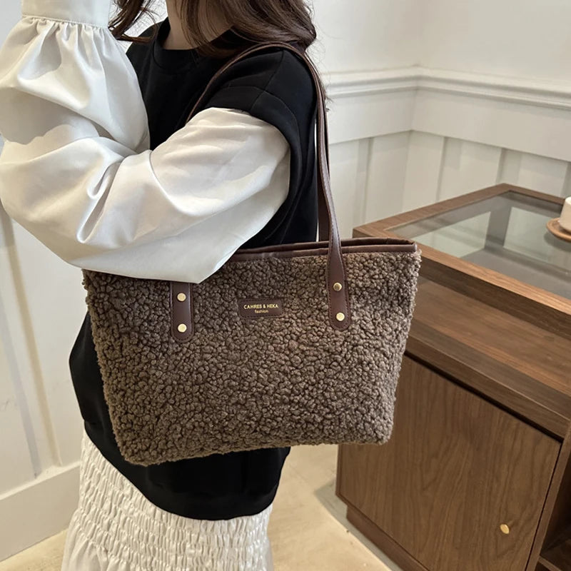 Cozy Brown Fuffly Sherpa Tote Bag with Leather Trim