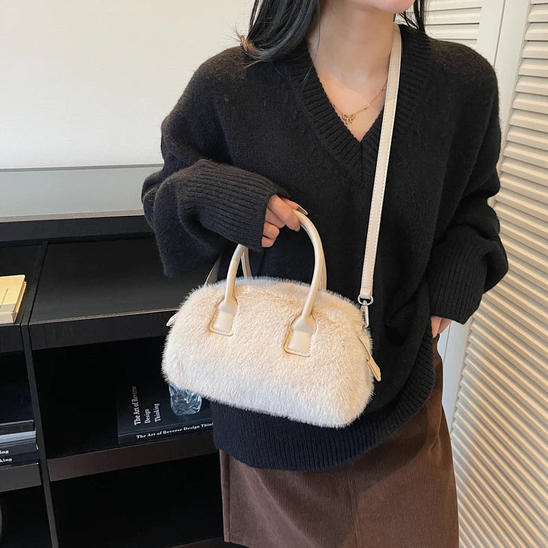 Aura Bags Fluffy Faux Fur Mini Handbag & Crossbody Bag with Top Handles