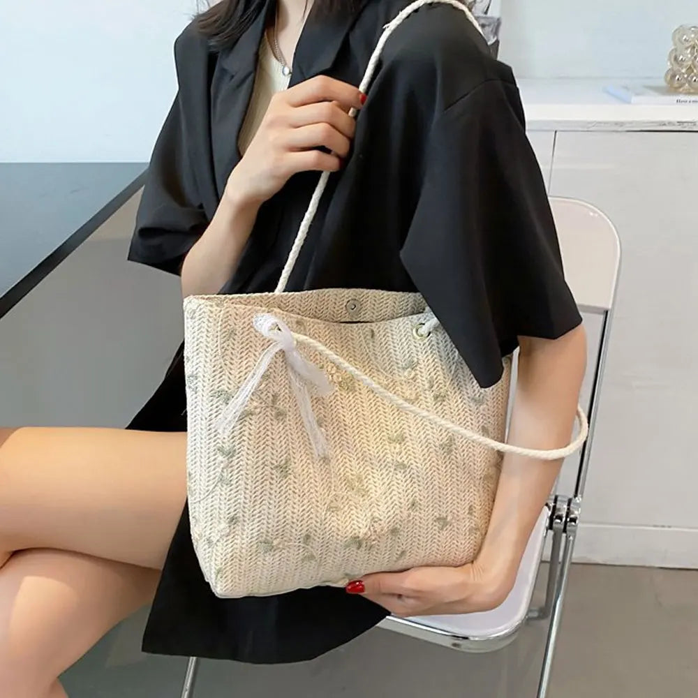 Aesthetic Floral Embroidered Tote Bag with Lace Bow & Rope Handles