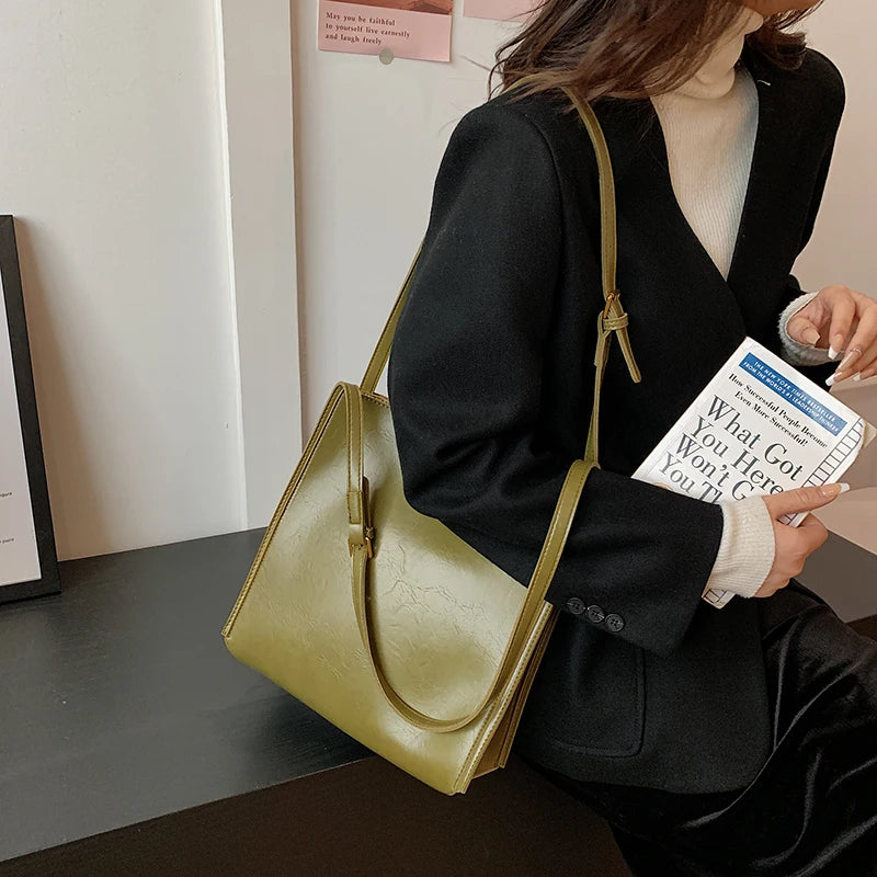 Aura Minimalist Olive Green Leather Tote Bag | Chic Shoulder Bag & Large Capacity Casual Work Bag