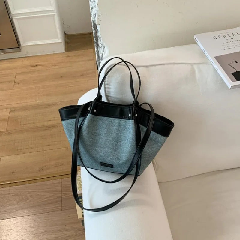 Chic Contrast Denim-Style & PU Leather Tote Bag