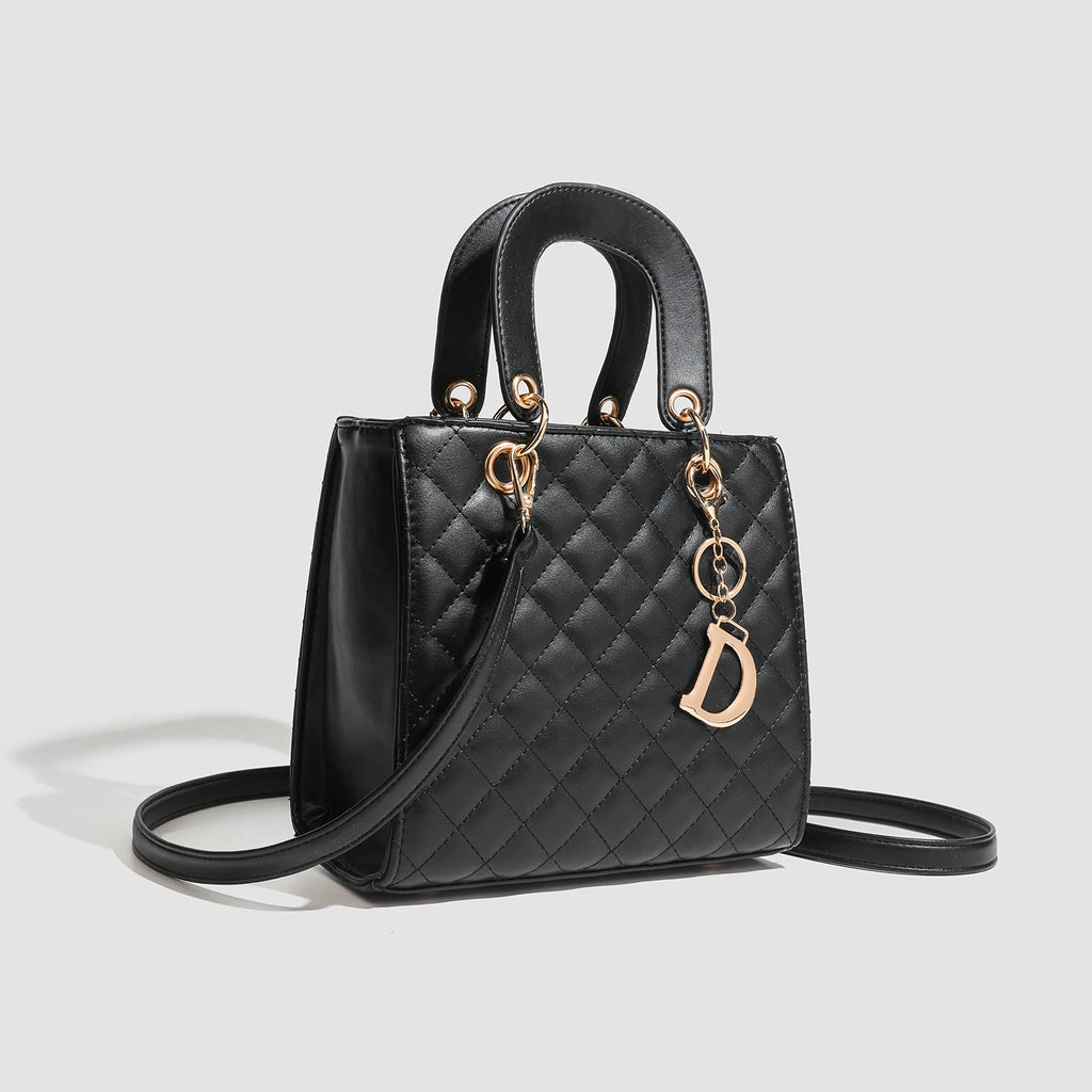 Chic Quilted Faux Leather Top-Handle Handbag with Gold-Tone Charm – Elegant Women's Satchel & Crossbody Bag