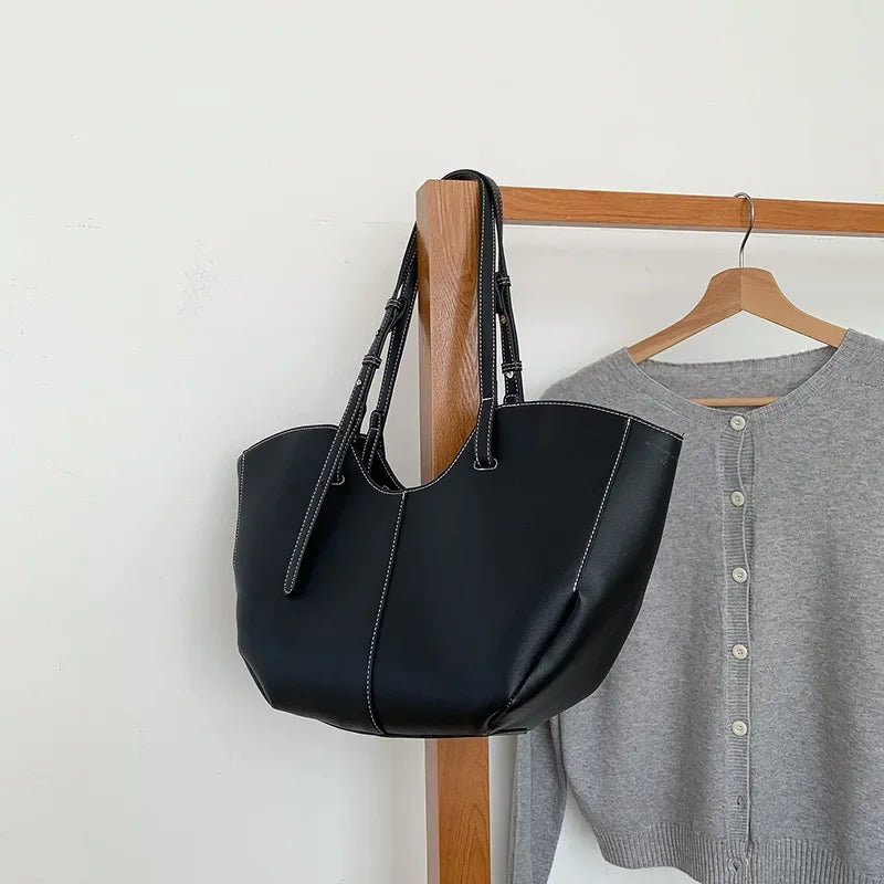 Aesthetic Brown PU Leather Everyday Tote with Contrast Stitching