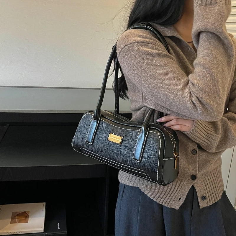 Chic Two-Tone Brown PU Leather Shoulder Bag – Vintage Style Women's Handbag & Boston Satchel