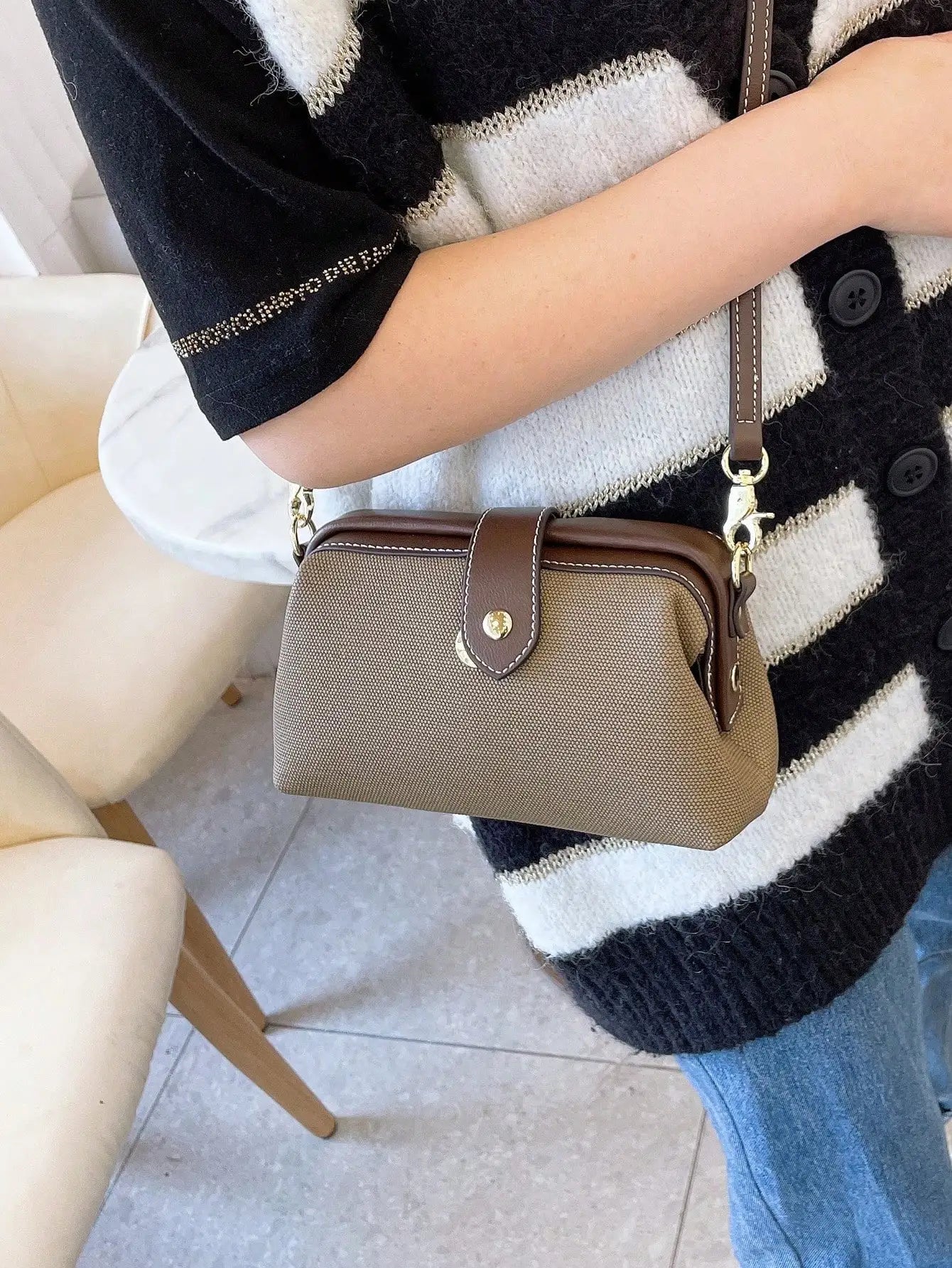 Chic Canvas & PU Leather Crossbody Bag for Women | Vintage Doctor Bag Style Shoulder Handbag