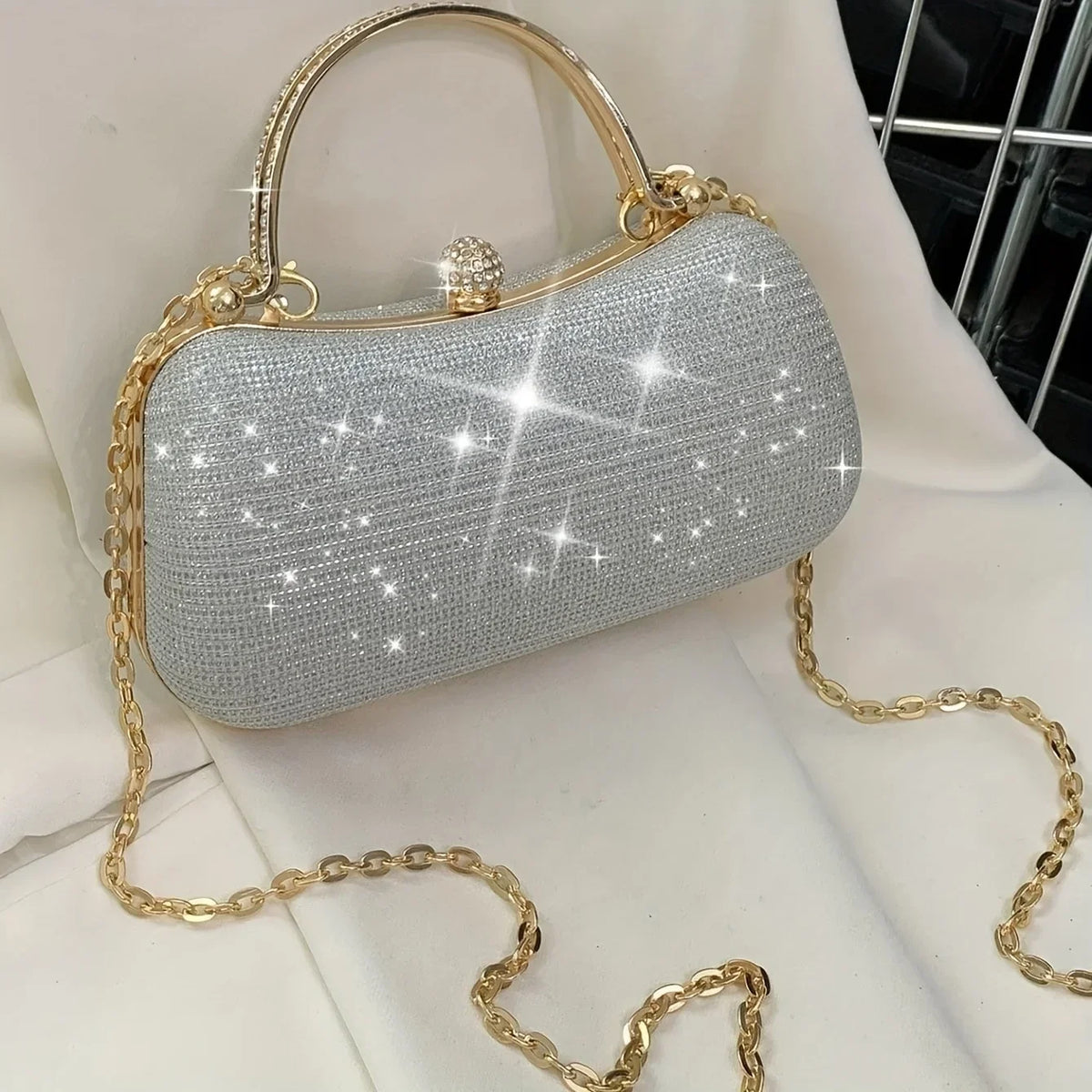 Elegant Champagne Gold Glitter Party Handbag with Chain Strap
