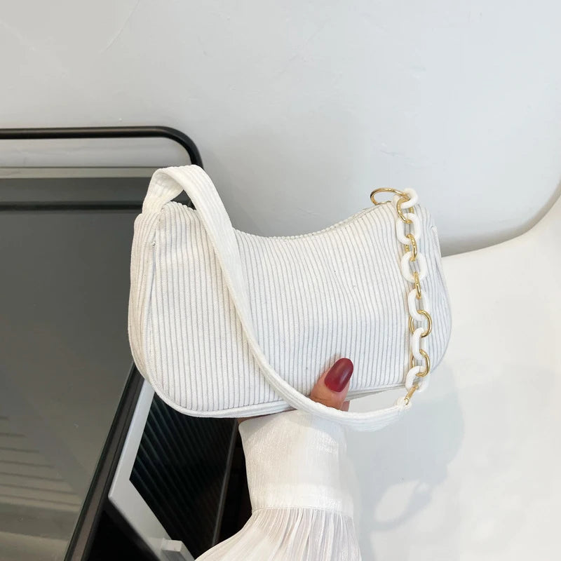 Aesthetic Corduroy Underarm Baguette Bag with Pastel Chain Accent | Soft Girl Y2K Shoulder Purse ✨