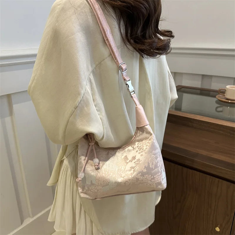 Vintage Aesthetic Brocade Slouchy Shoulder Bag - Cute Soft Pink Hobo Handbag with Beaded Charm
