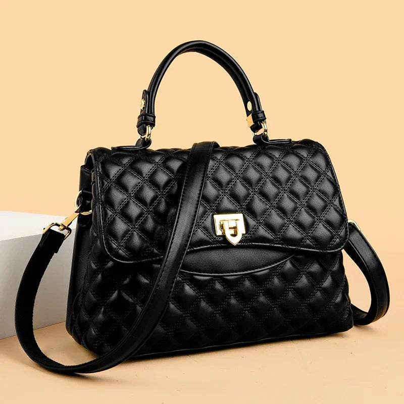 Elegant Quilted Diamond Pattern Top-Handle Bag with Gold Twist Lock Closure