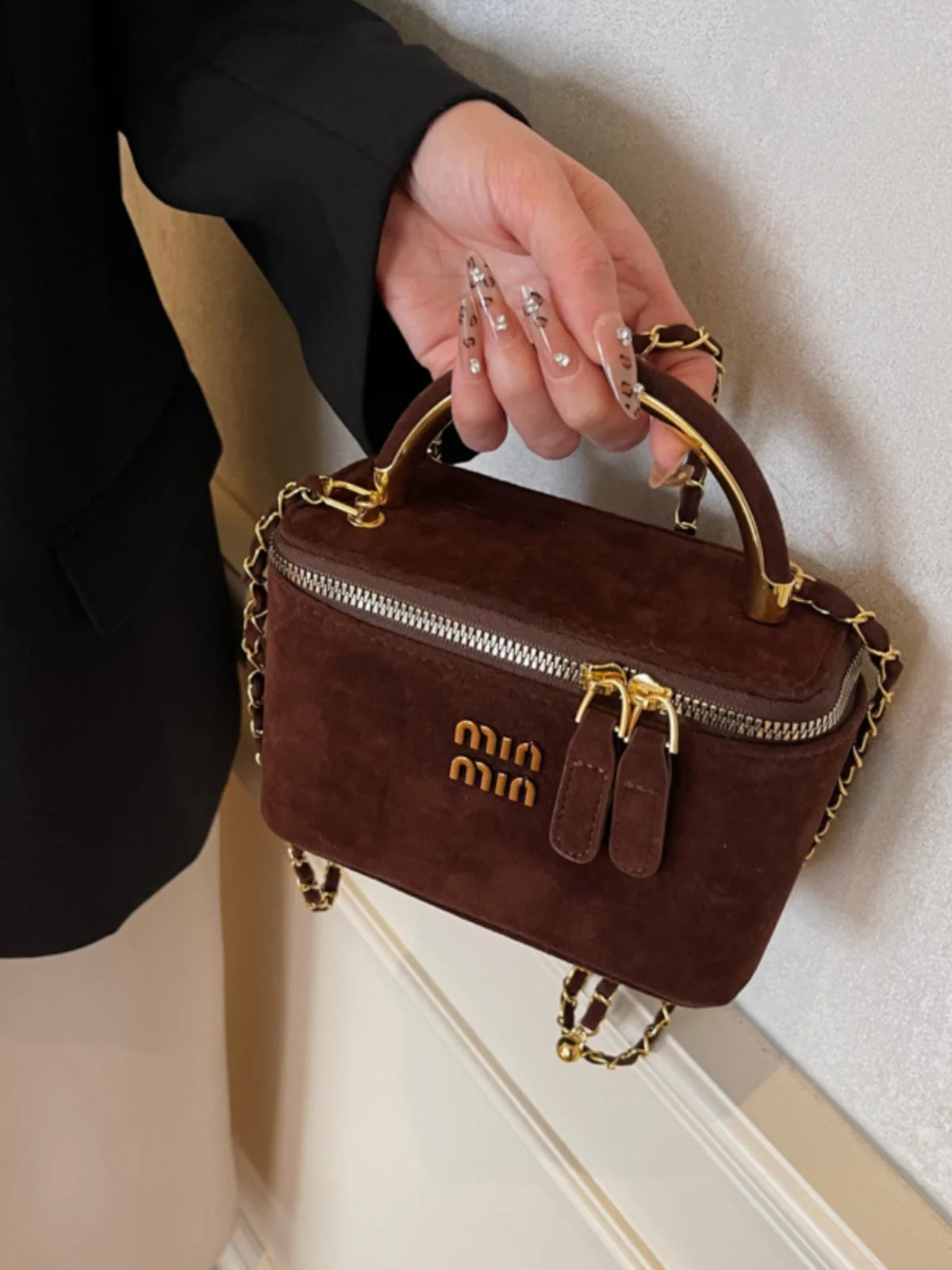 Chic Suede Vanity Box Crossbody Bag with Top Handle and Chain Strap (Multiple Colors)