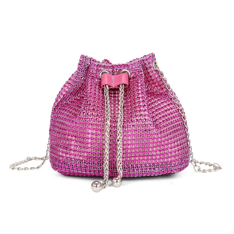 Elegant Crystal Rhinestone Crossbody Evening Bag – Metallic Drawstring Bucket Purse with Gold Chain