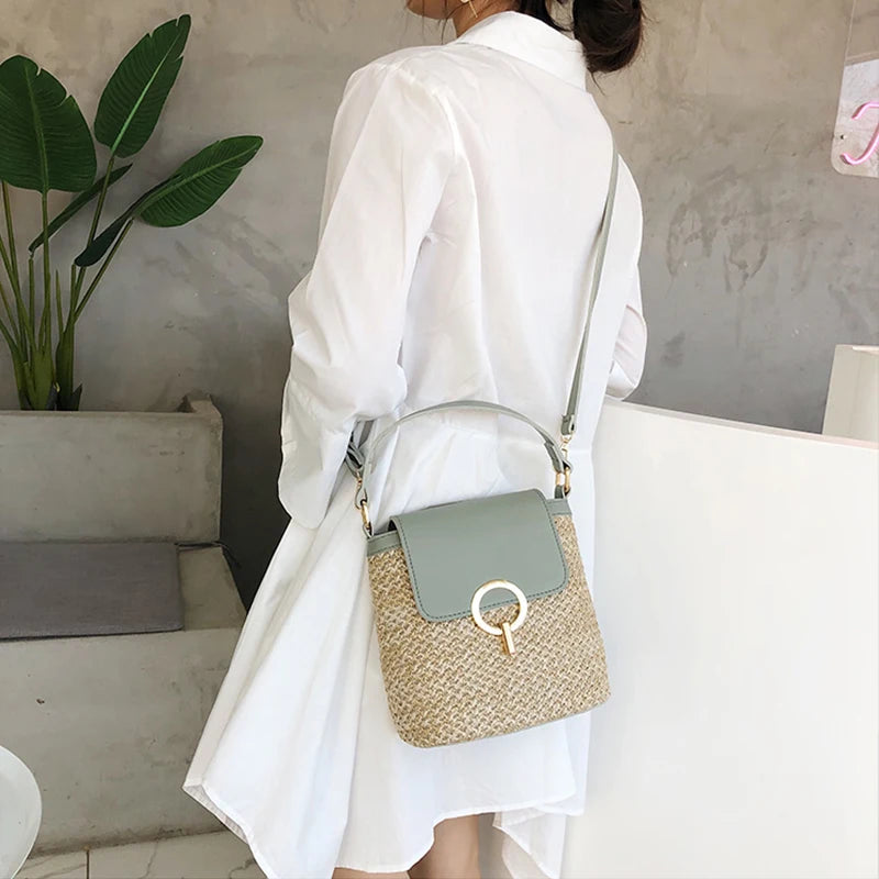 Boho Chic Straw & Leather Bucket Bag | Woven Top-Handle Crossbody Beach Bag
