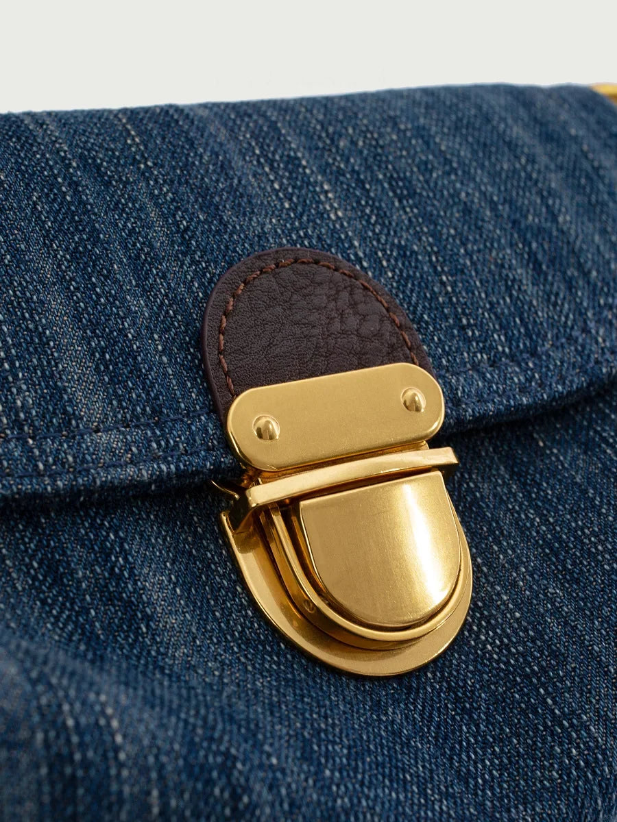 Trendy Blue Denim Flap Bag with Brass Lock Closure and Brown Strap