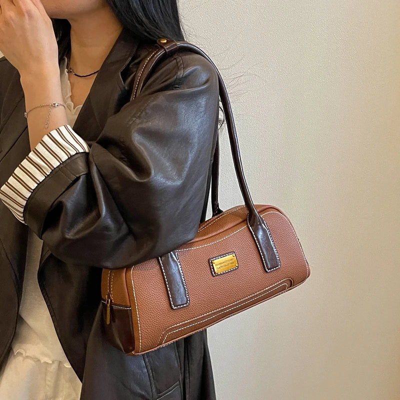 Chic Two-Tone Brown PU Leather Shoulder Bag – Vintage Style Women's Handbag & Boston Satchel