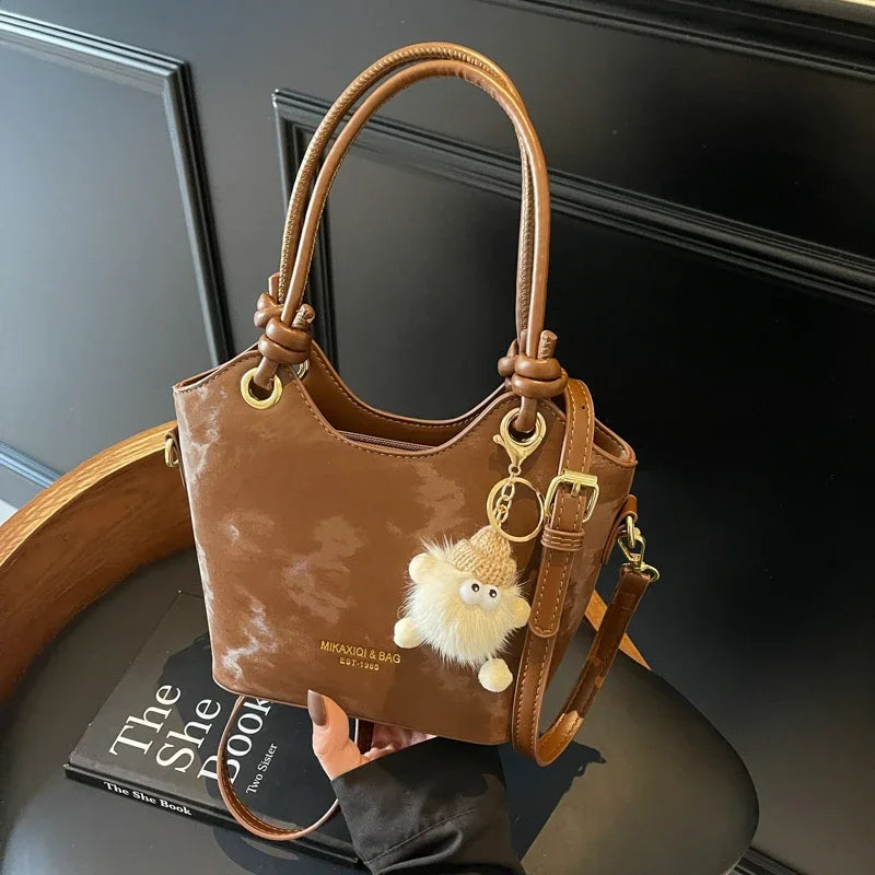 Chic White PU Leather Shoulder Bag with Cute Fur Charm & Top Handles