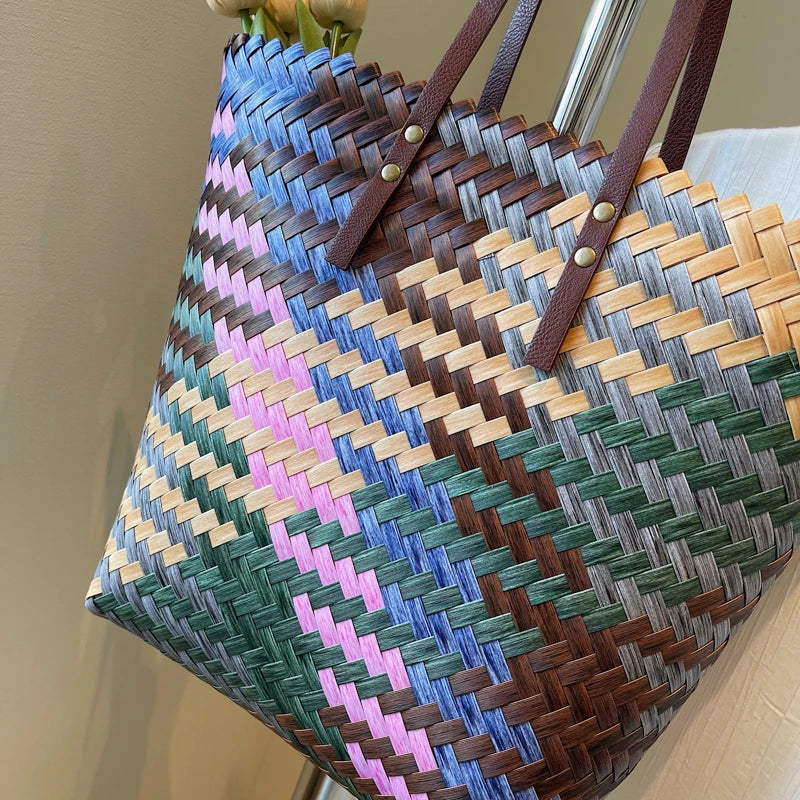 Boho Multi-Color Woven Tote Bag with Faux Leather Straps - Casual Aesthetic Large Handbag