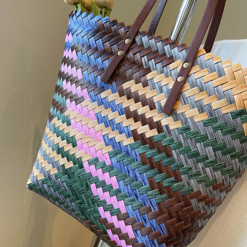 Boho Multi-Color Woven Tote Bag with Faux Leather Straps - Casual Aesthetic Large Handbag