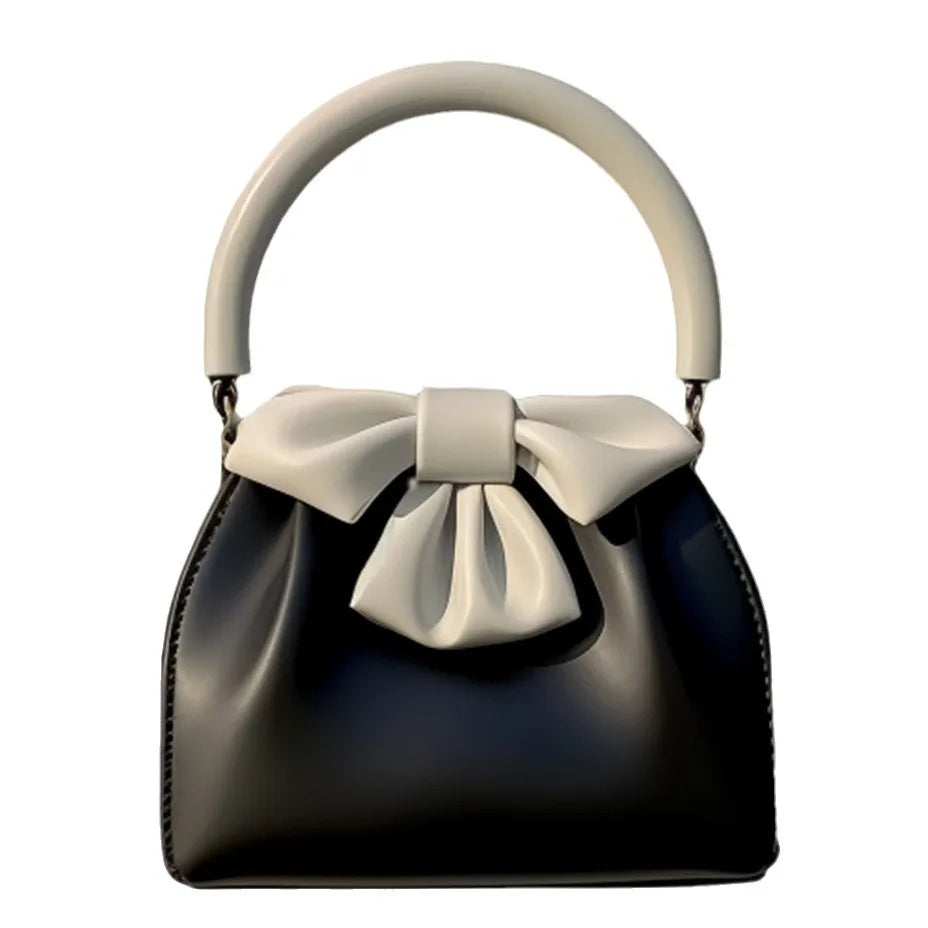 Chic Black & White Bow Mini Handbag – Elegant PU Leather Top Handle Purse & Evening Clutch