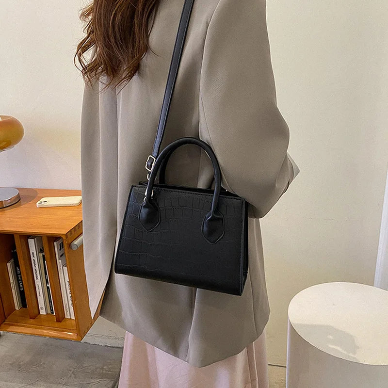 Faux-Croc Textured Structured Handbag with Crossbody Strap