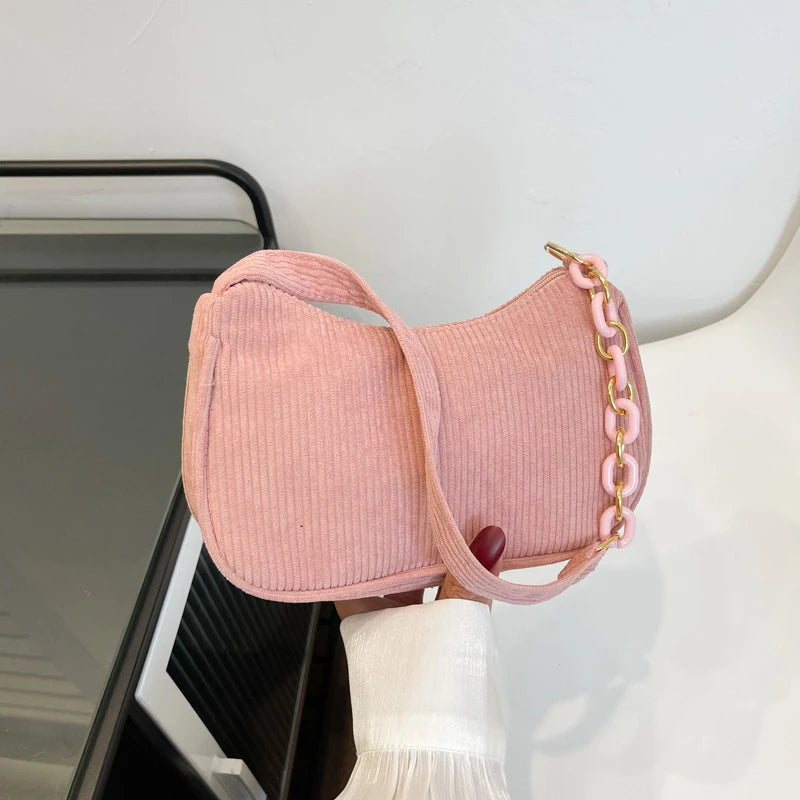 Aesthetic Corduroy Underarm Baguette Bag with Pastel Chain Accent | Soft Girl Y2K Shoulder Purse ✨