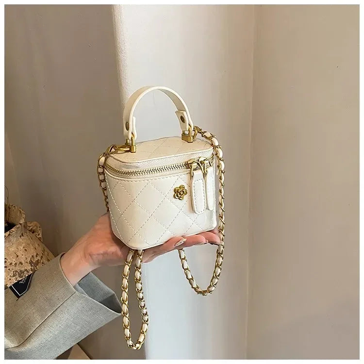 Cute Quilted Mini Vanity Box Bag with Gold Chain & Flower Detail