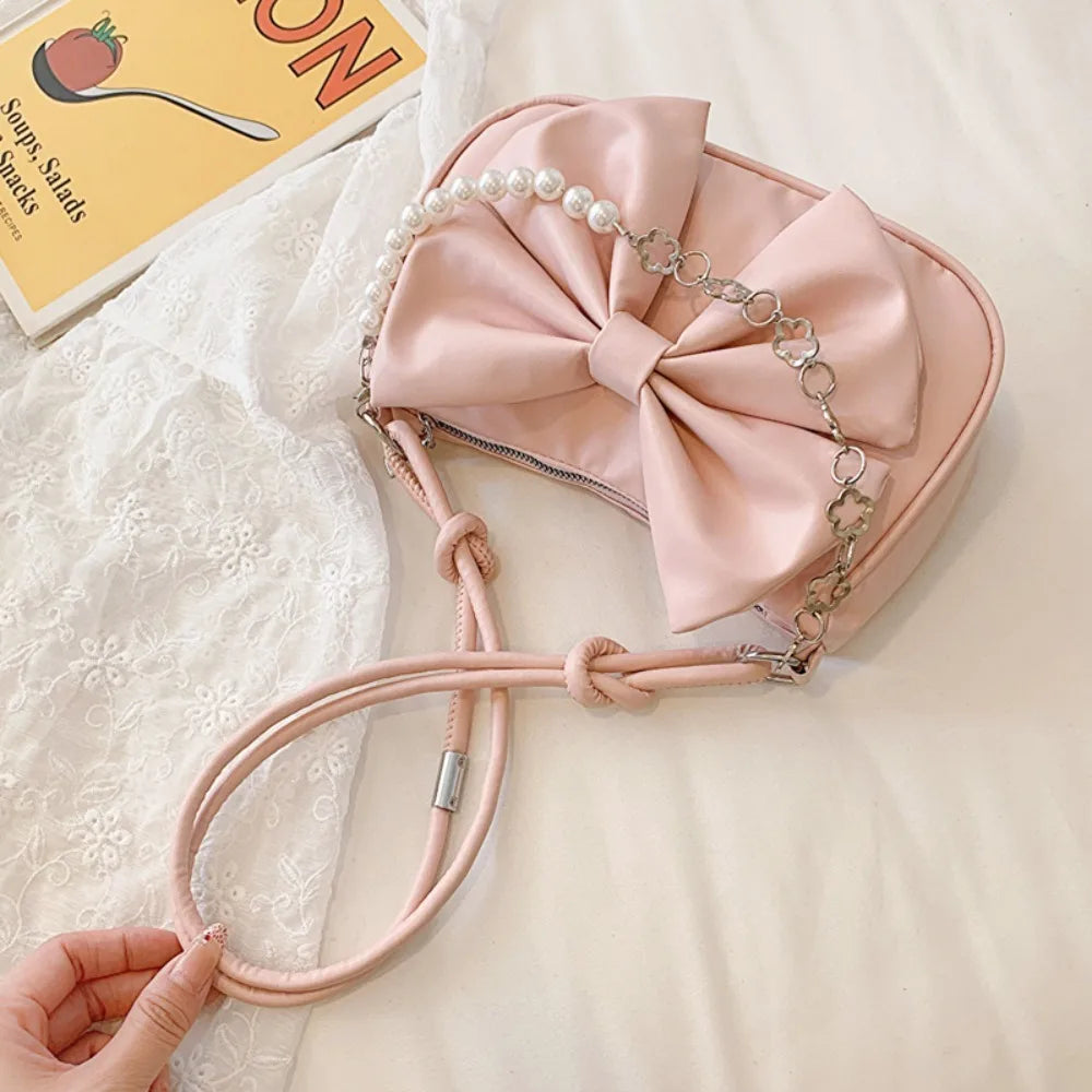 Coquette Bow-Knot Shoulder Bag with Pearl & Chain Detail