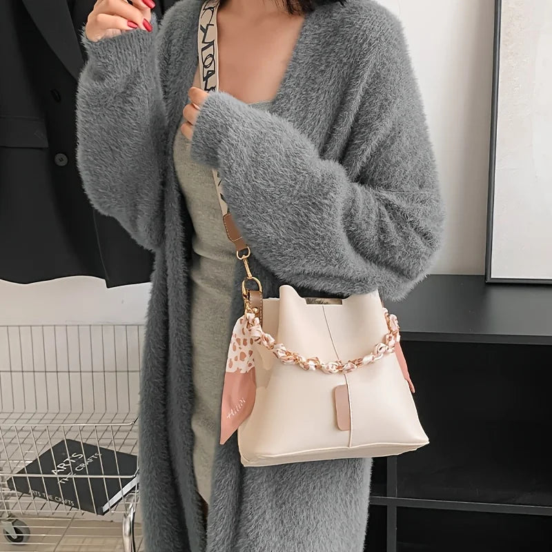 Elegant Cream White Bucket Bag | Silk Scarf Wrapped Chain Crossbody Shoulder Bag