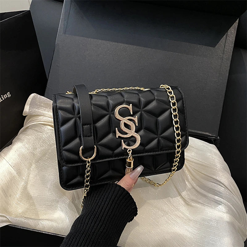 Luxury Quilted Geometric Flap Shoulder Bag with Gold Letter Monogram & Chain Strap