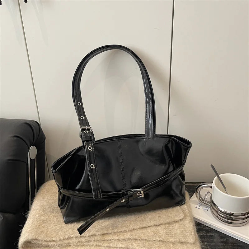 Vintage Wine Red Patent Leather Tote Bag | Stylish Buckle Strap Handbag with Eyelet Details