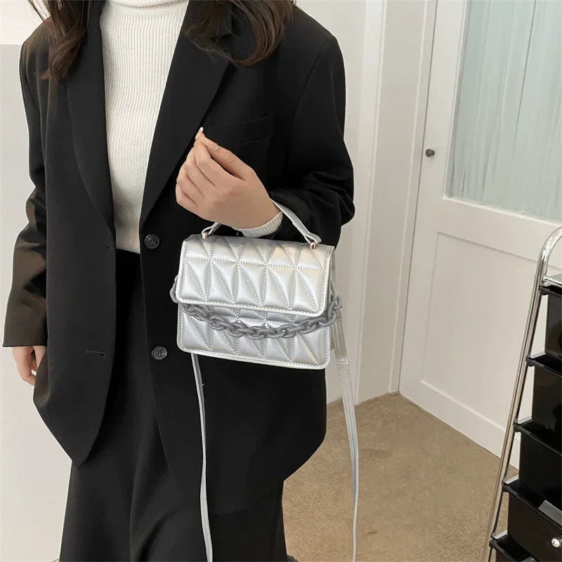 Metallic Silver Quilted Crossbody Bag with Chain Detail