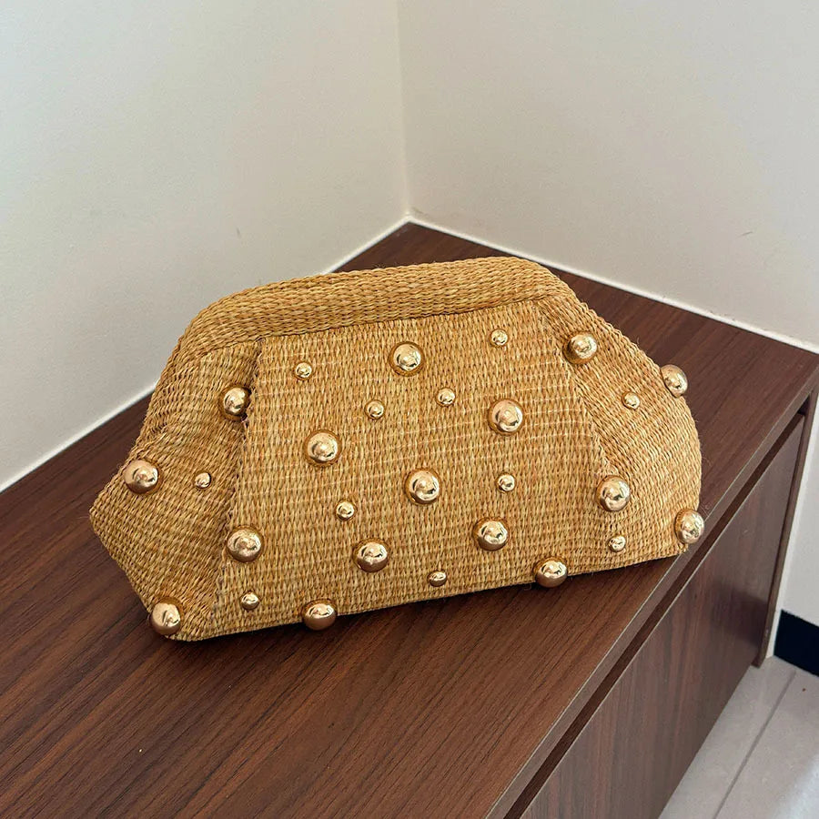 Chic Gold-Studded Woven Straw Clutch & Evening Pouch Bag