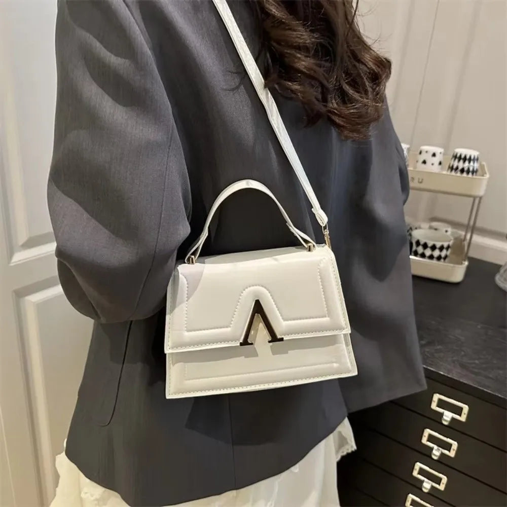 Chic Quilted Flap Crossbody Bag with Top Handle & Gold "V" Hardware in Pure White