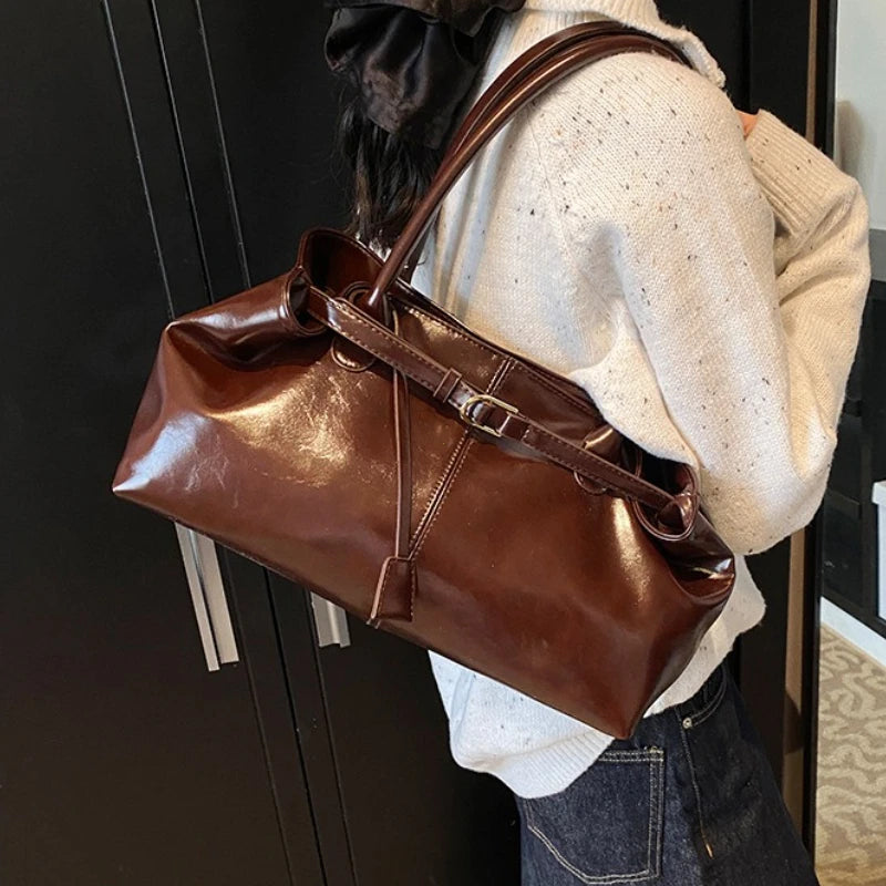 Vintage Dark Red Leather Tote Bag with Buckle Detail & Long Shoulder Straps
