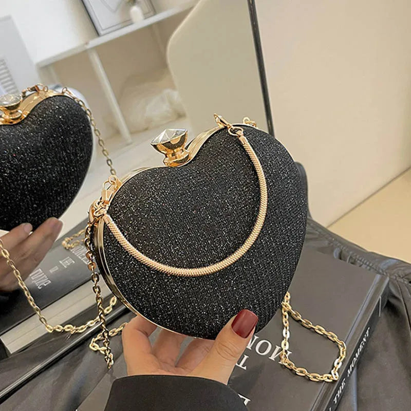 Luxury Bling Rhinestone Heart Party Purse with Chain Strap